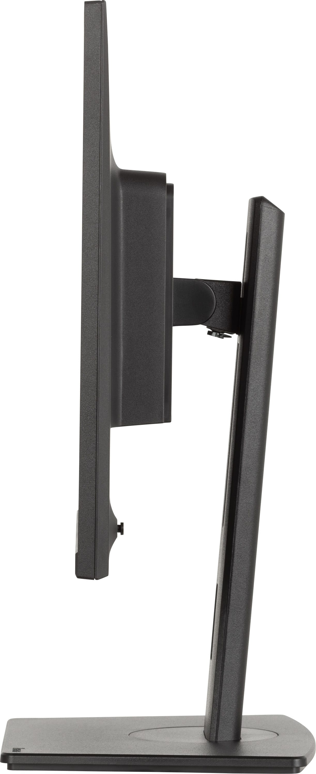 Vista laterale di un monitor di computer nero su supporto contro sfondo bianco.