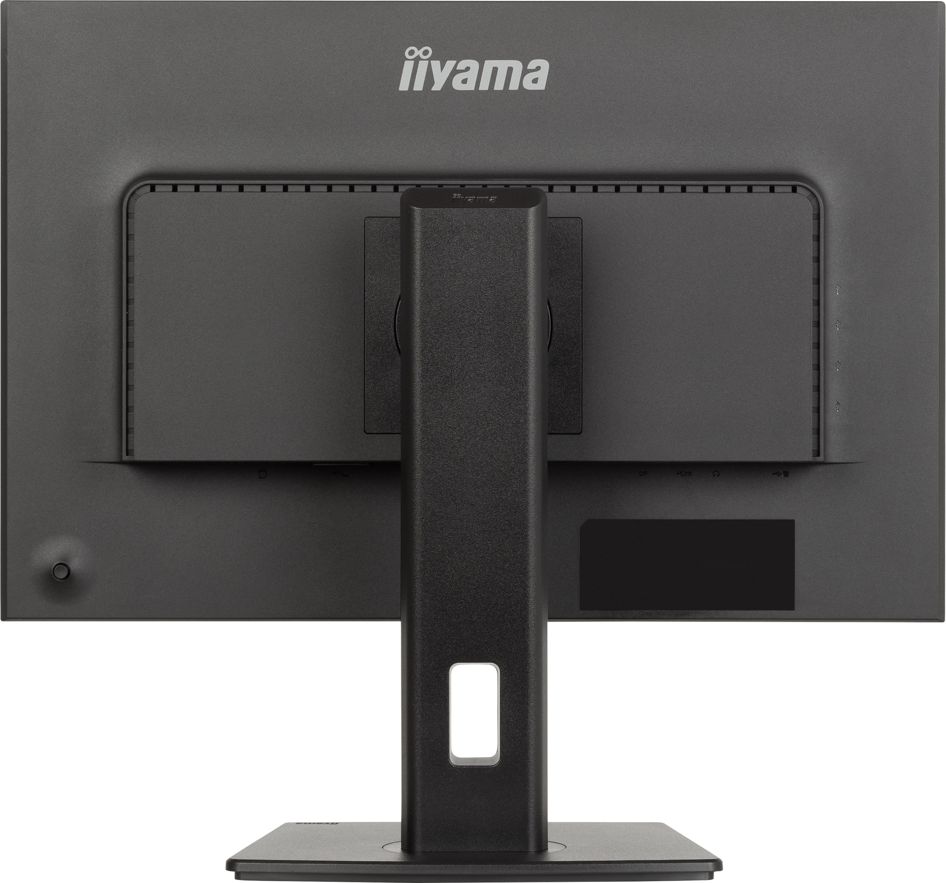 Vista posteriore di un monitor nero con supporto e porte.