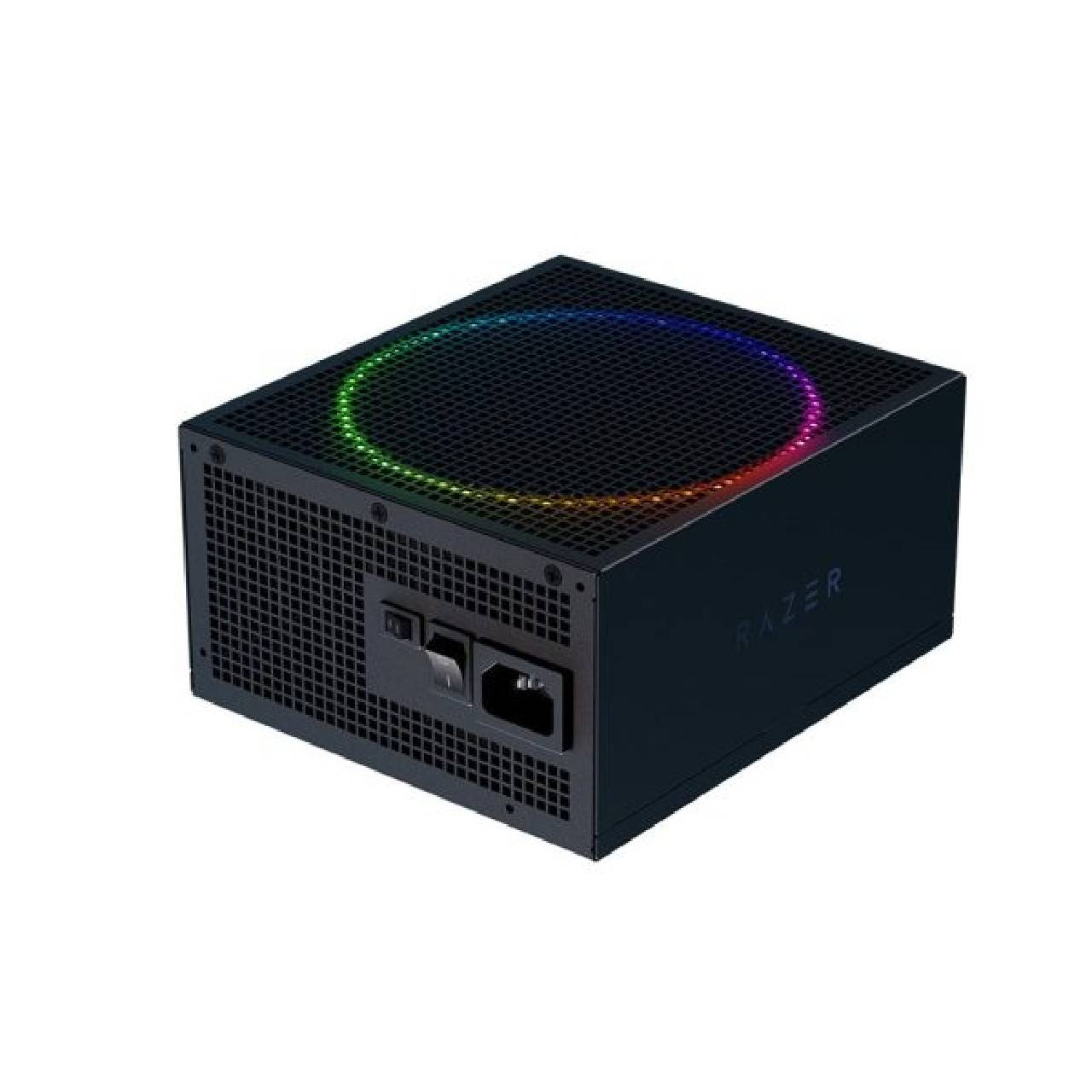 Razer logosu ve fan ızgarasında RGB aydınlatmalı siyah PC güç kaynağı.