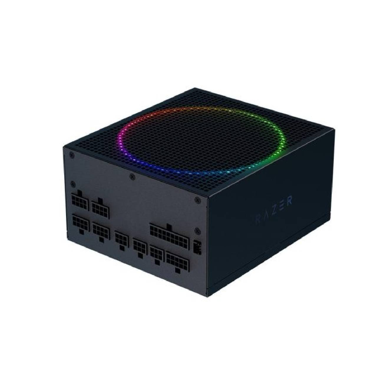 Çoklu bağlantı noktalarına sahip RGB halkalı siyah Razer güç kaynağı.