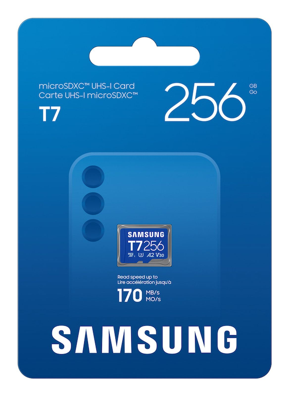 Samsung 256GB microSDXC T7 Karte mit 170MB/s Lesegeschwindigkeit.