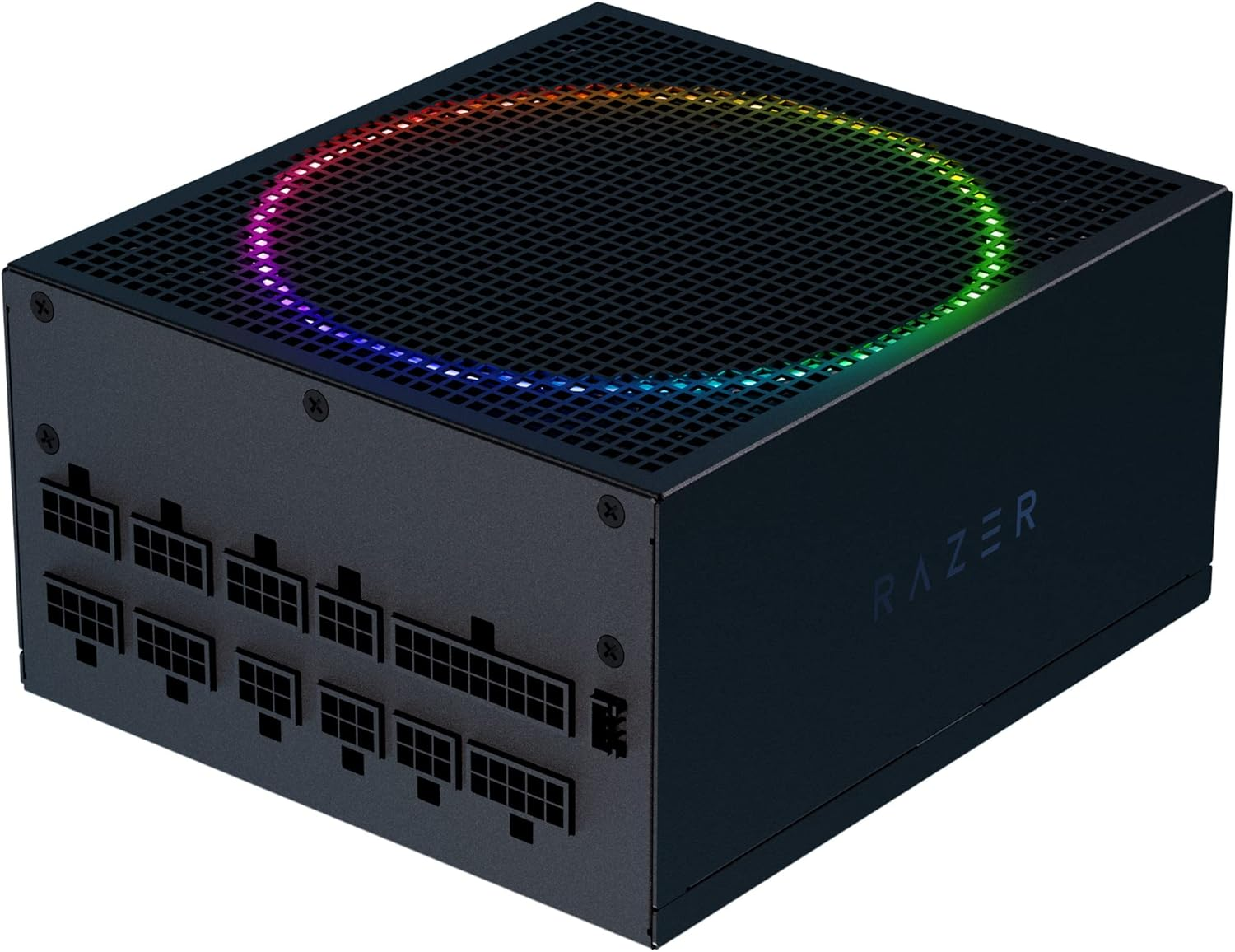 Çoklu bağlantı noktalarına sahip siyah RGB aydınlatmalı güç kaynağı.