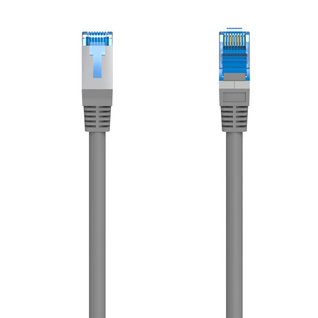 Due cavi di rete grigi con connettori blu, uno accanto all'altro su sfondo bianco.