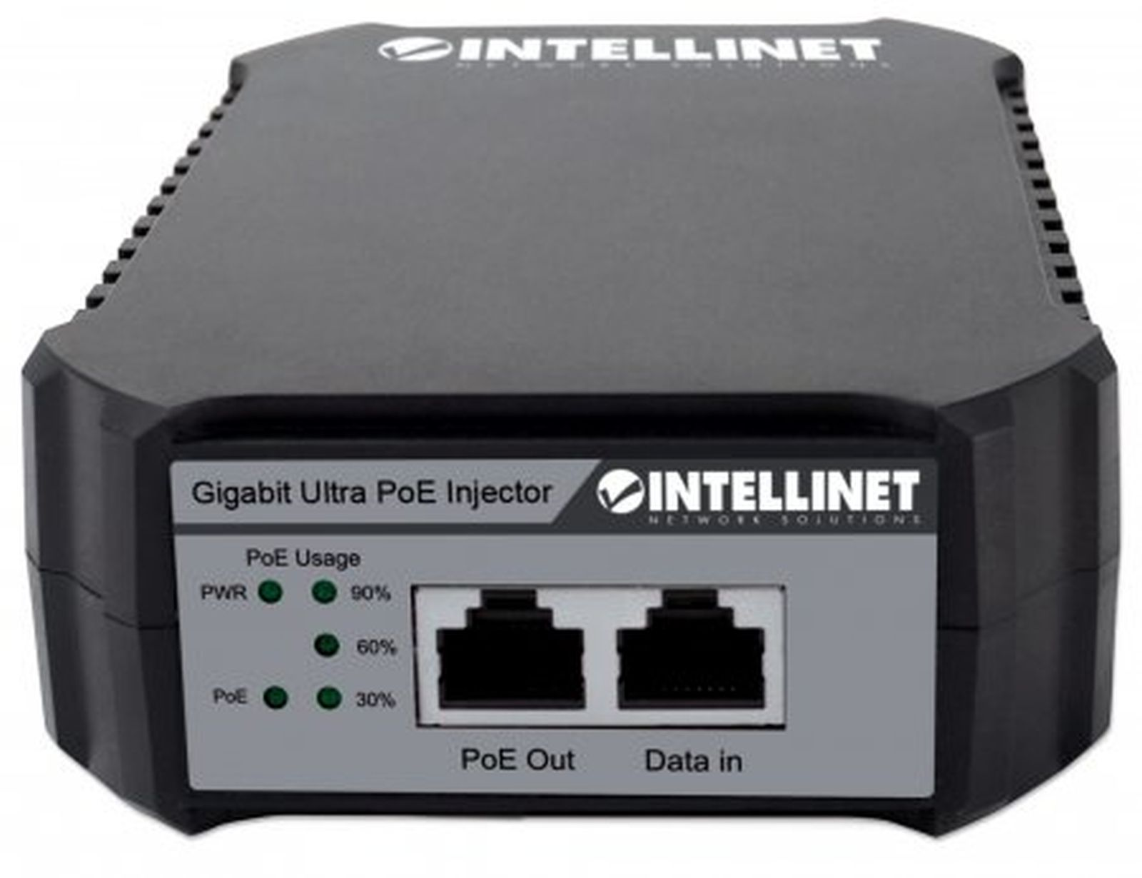 Zwarte Intellinet Gigabit Ultra PoE Injector met twee Ethernetpoorten en status-LEDs.
