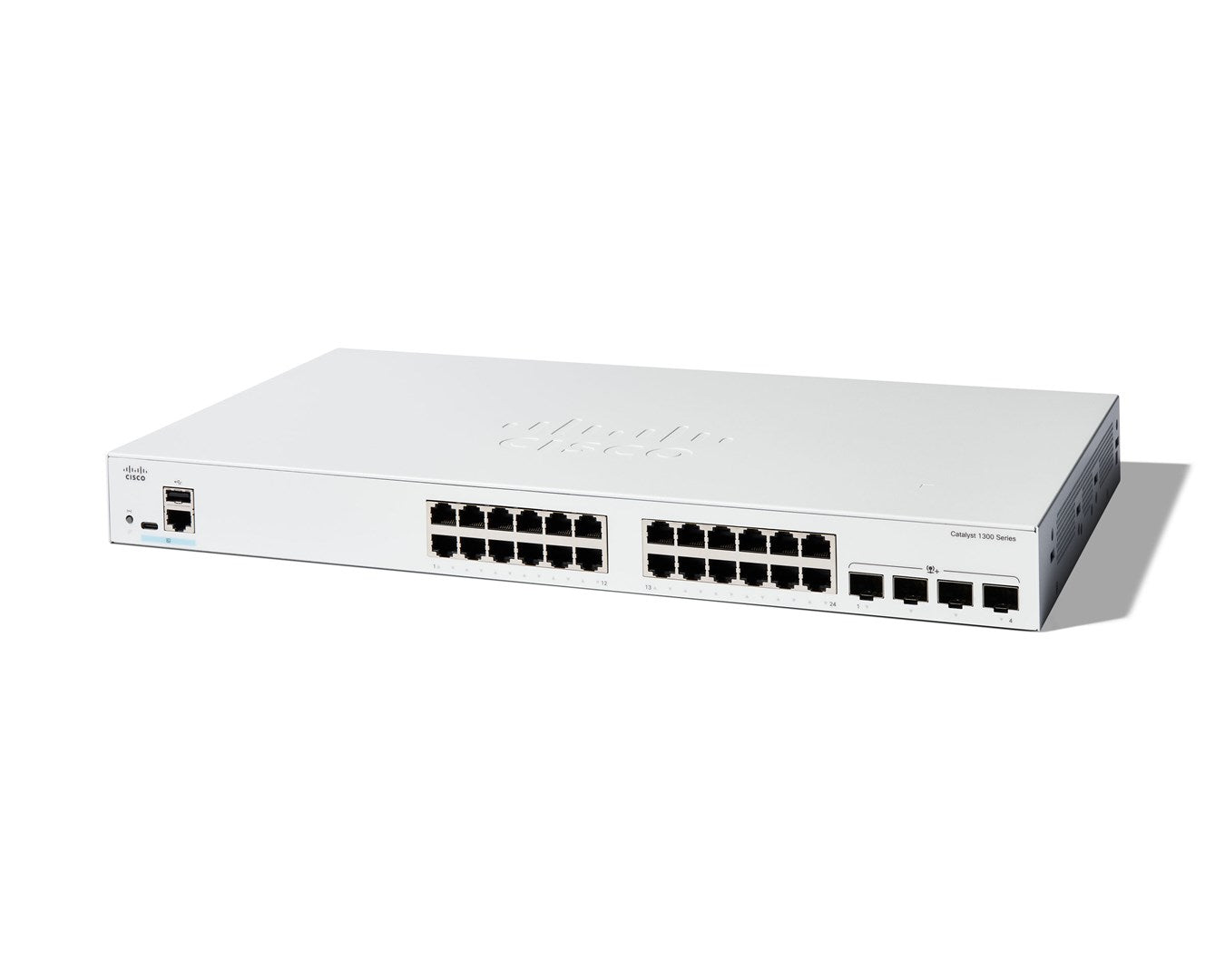 Un switch Cisco Catalyst 1300 blanco de 24 puertos con logo Cisco.