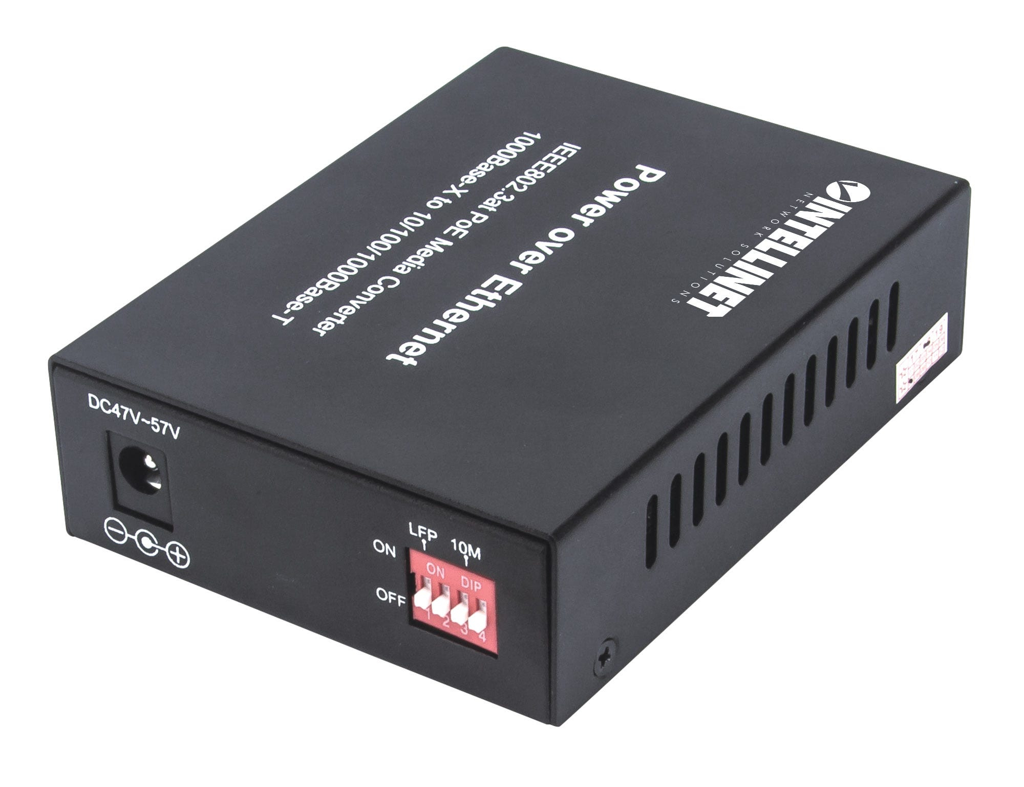 Czarny konwerter mediów Ethernet z napisem "Power over Ethernet".