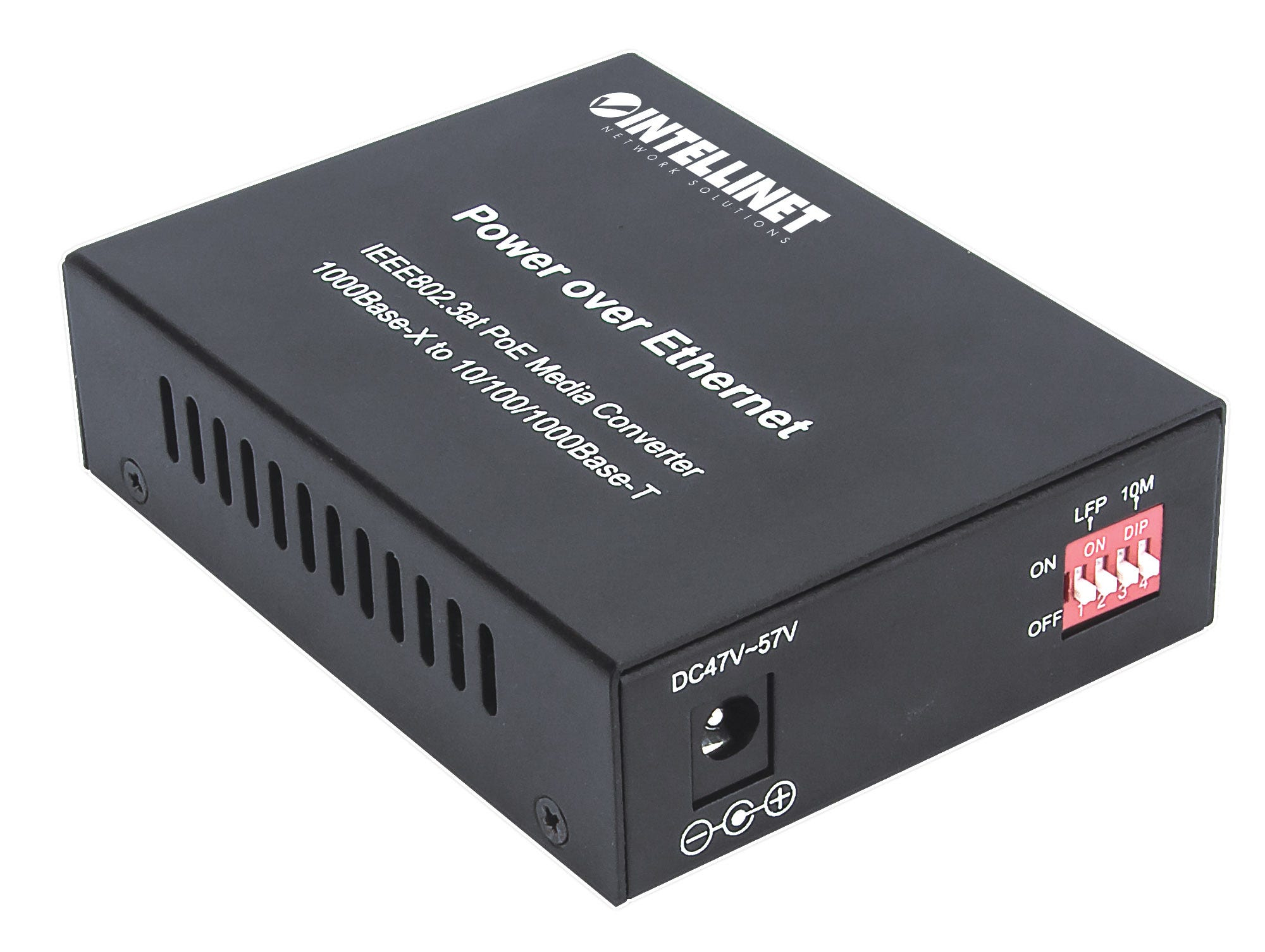 Czarny konwerter mediów PoE z napisem: Power over Ethernet, DC47V-57V.