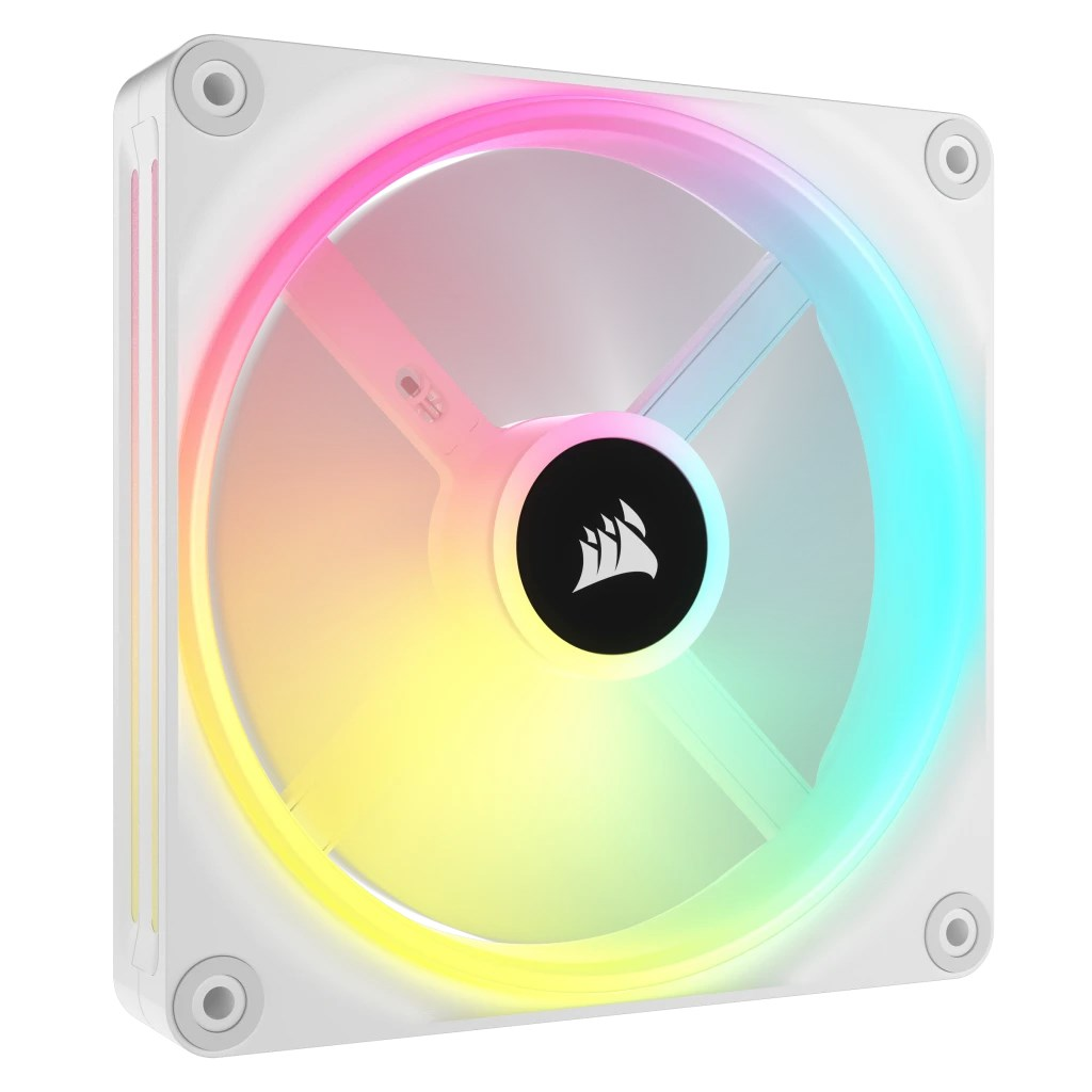 Un ventilador de PC blanco con iluminación RGB que muestra colores vibrantes.