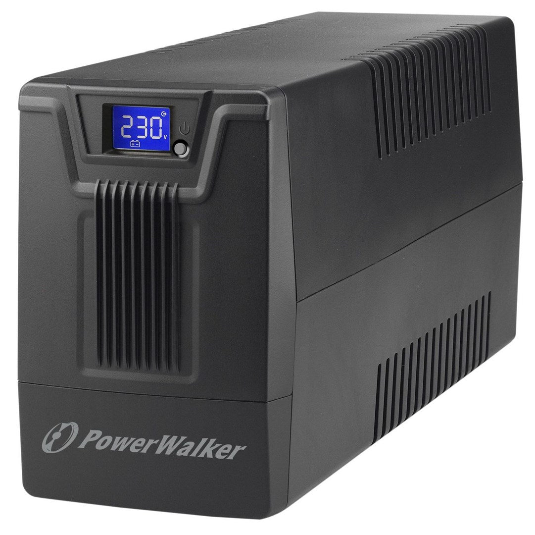 Schwarzer USV-Block mit blauem Display und PowerWalker-Logo.