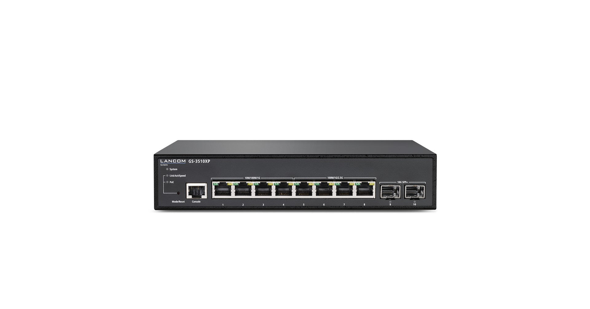 Uno switch di rete LANCOM GS-3510XP nero con 10 porte.