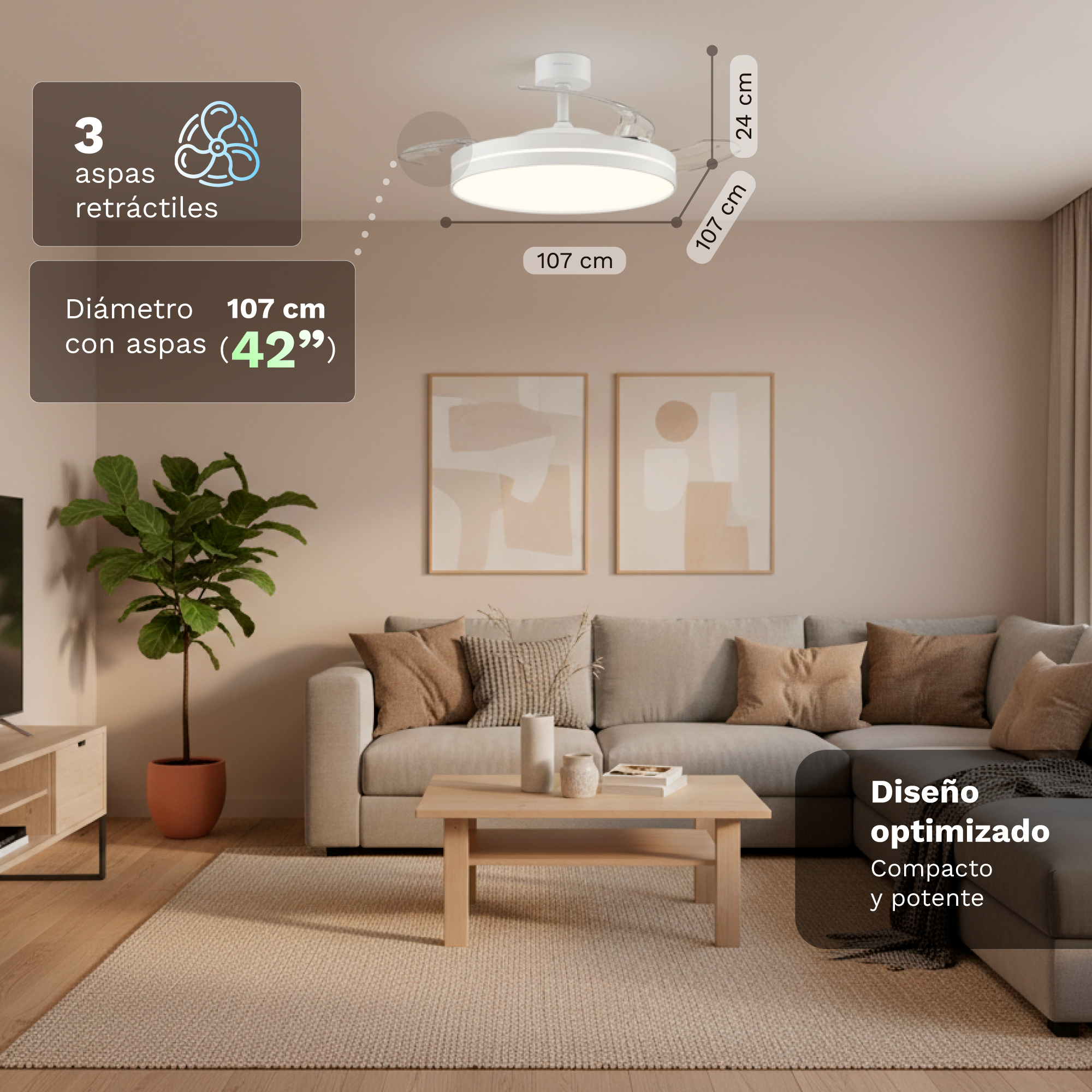 Se muestra un ventilador de techo blanco con aspas retráctiles sobre una sala de estar.
