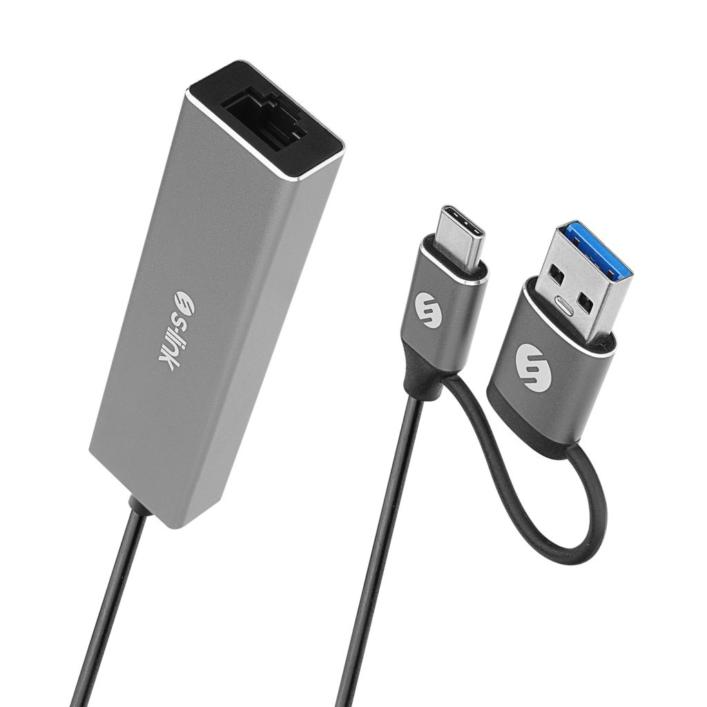 Ethernet portlu ve USB-A konnektörlü gri USB-C adaptörü.