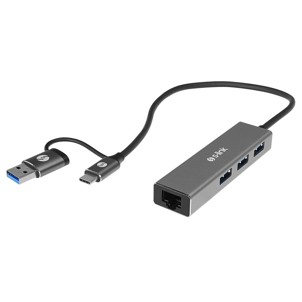 Ethernet portlu, USB-A ve USB-C konnektörlü gri USB-C hub.