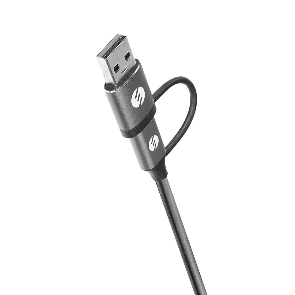 Bir logo ve iki bağlantı noktasına sahip gri USB kablosu.