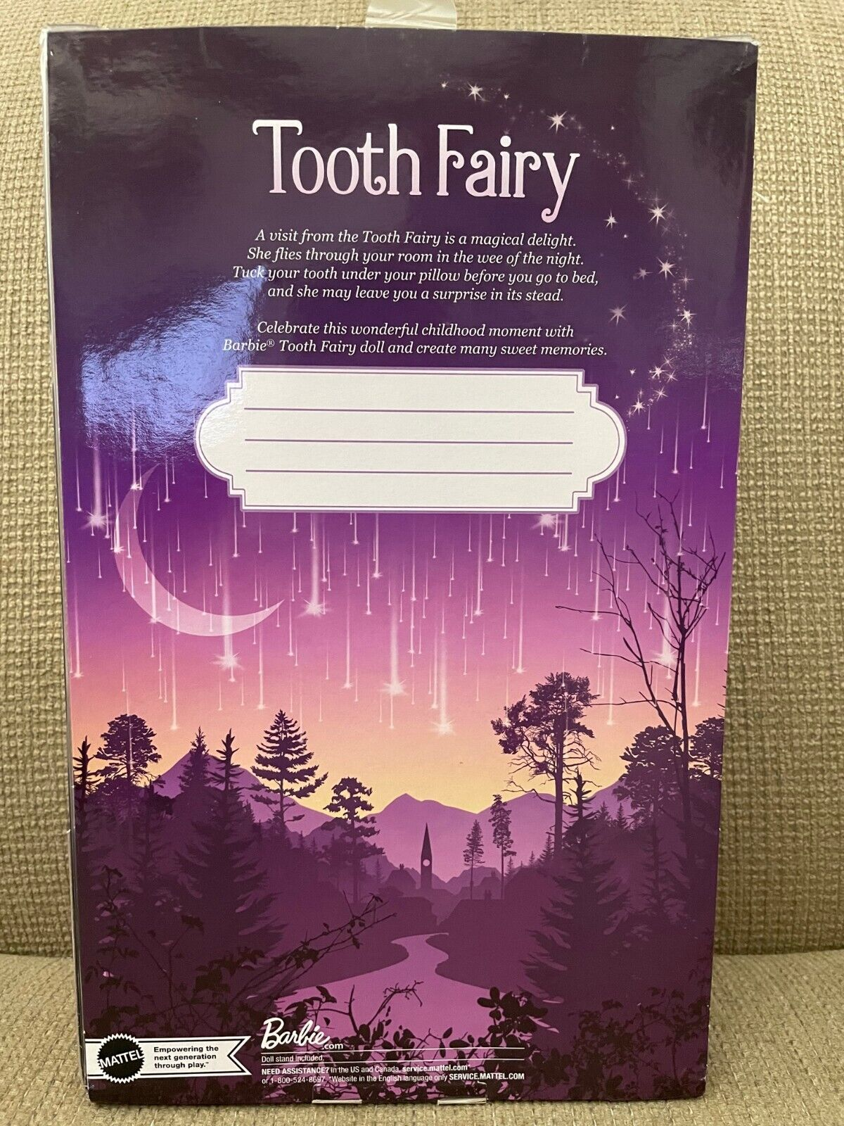 Confezione Barbie Fatina dei Denti con luna, stelle e paesaggio.