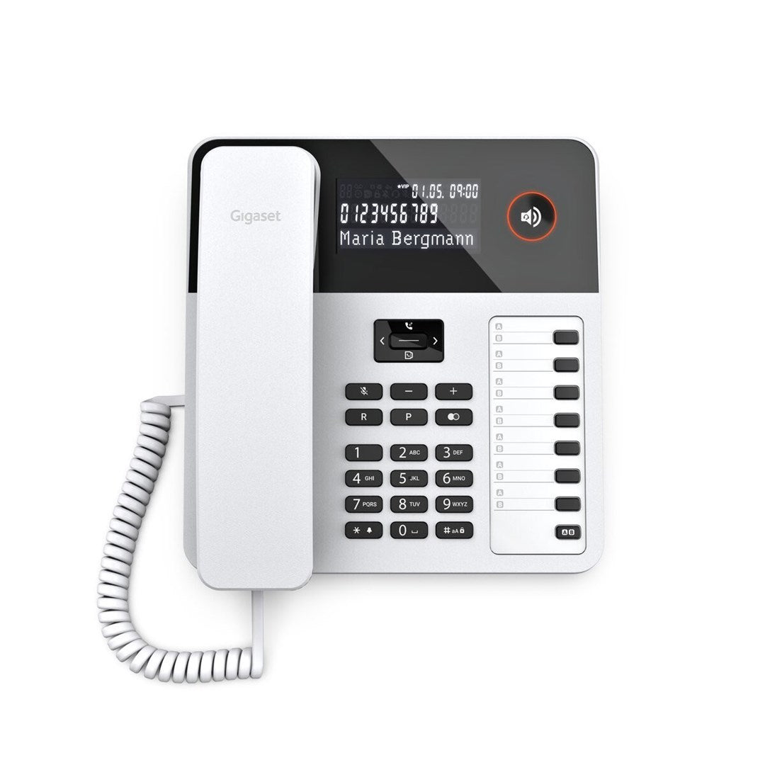 Un telefono Gigaset bianco con tastiera e display che mostra nome e numero.