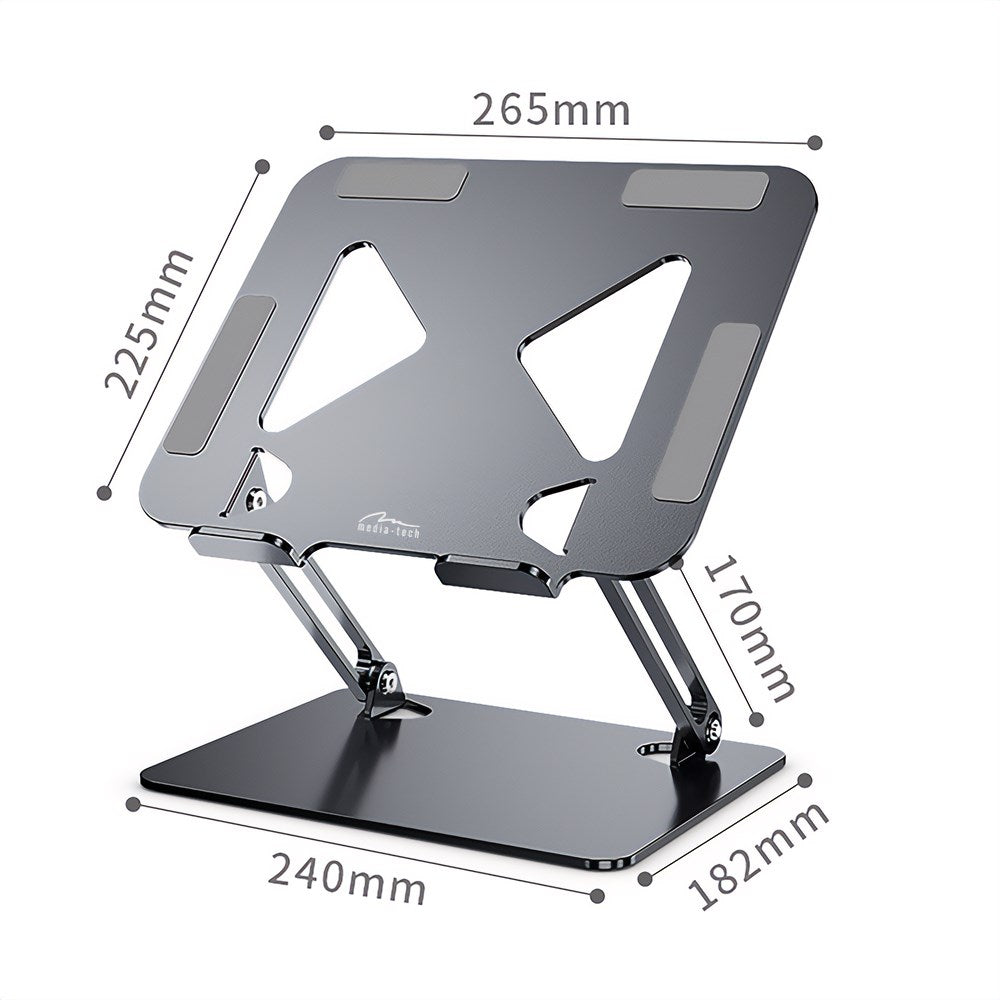 Ein verstellbarer Laptopständer in Silber mit Maßen. Er hat eine flache Basis und Winkelstütze.