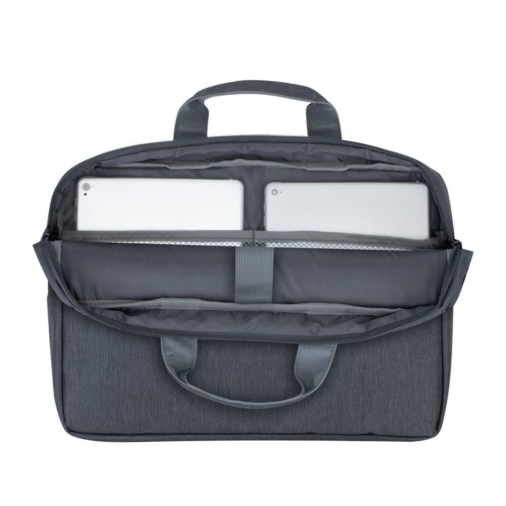 Bolso gris abierto para portátil con dos tabletas dentro, con asas.