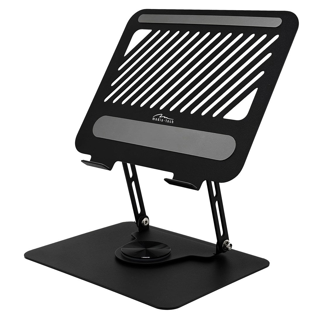 Schwarzer, verstellbarer Laptop-Ständer mit Lüftungsschlitzen und Logo.
