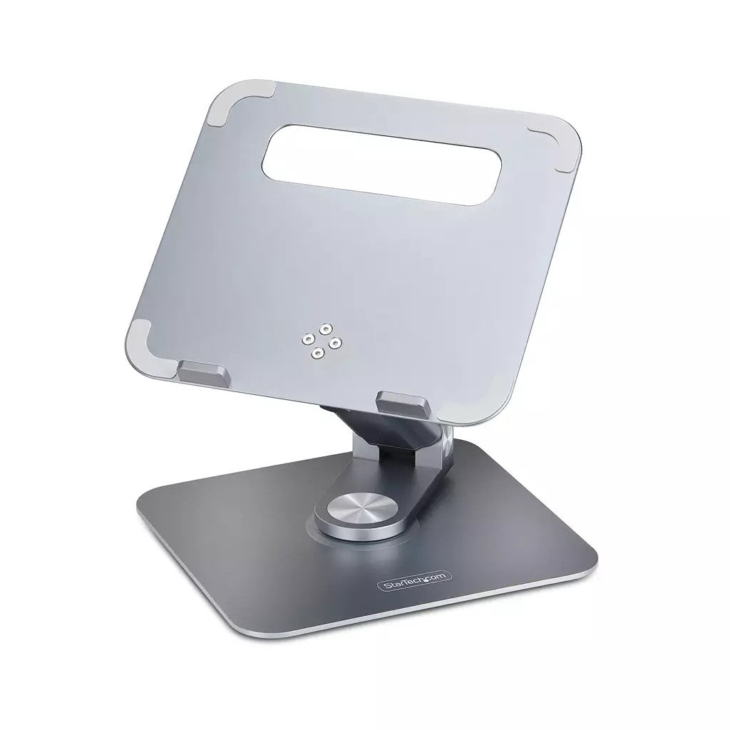 Ein silberner Laptopständer mit rechteckigem Ausschnitt und verstellbarem Arm auf quadratischem Sockel.