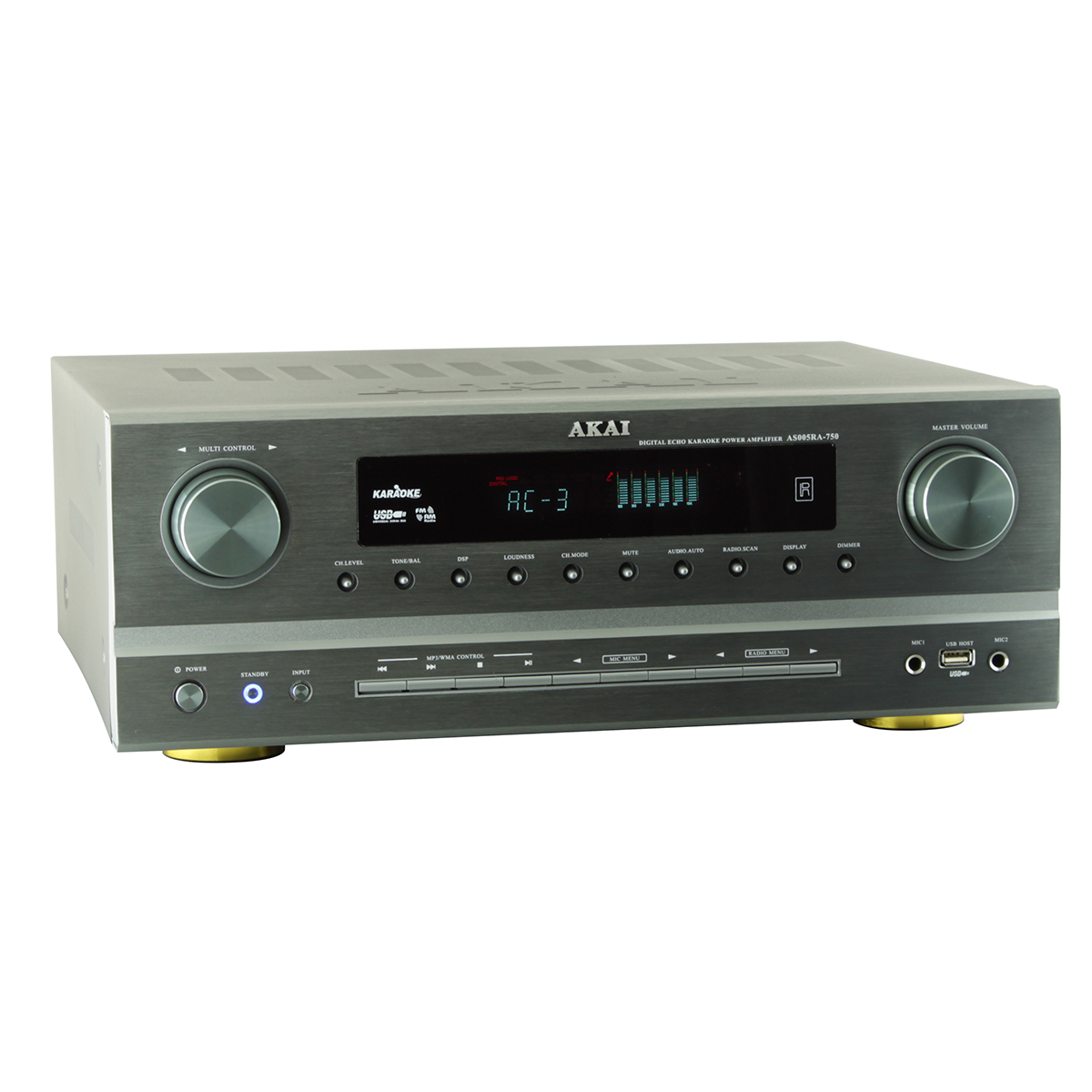 Wzmacniacz karaoke AKAI Digital Echo AS005RA-750 z gałkami i wyświetlaczem.