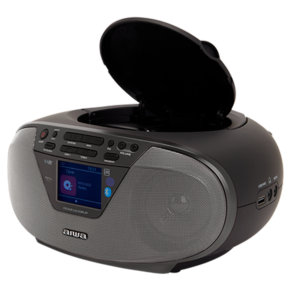 Czarny odtwarzacz CD Aiwa z radiem i otwartą pokrywą CD. Kolorowy wyświetlacz LCD.