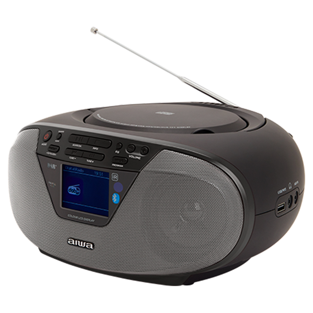 Czarny przenośny odtwarzacz CD z radiem DAB, anteną i srebrnymi głośnikami.