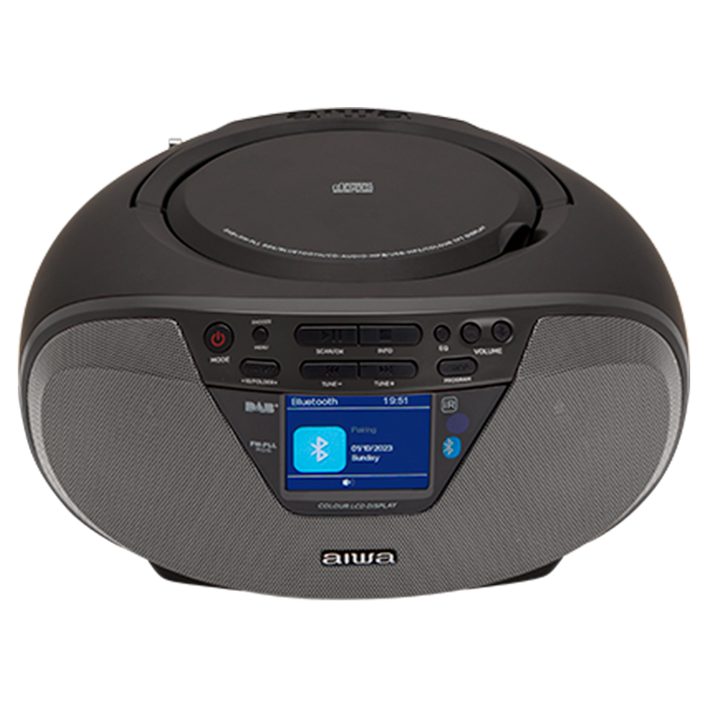Czarny odtwarzacz CD Aiwa z radiem DAB i łącznością Bluetooth.