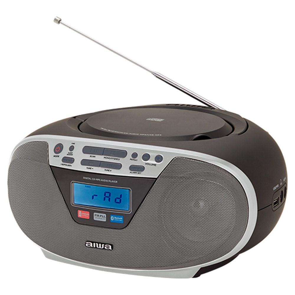 Przenośny odtwarzacz CD w kolorze czarnym i szarym z niebieskim ekranem LCD.