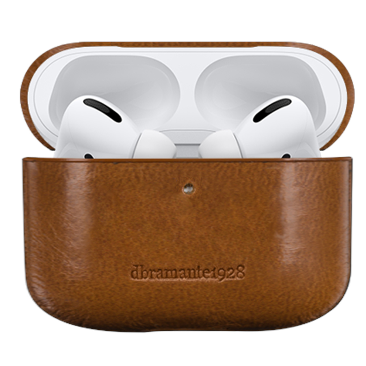 Auricolari bianchi dentro una custodia aperta in pelle marrone.
