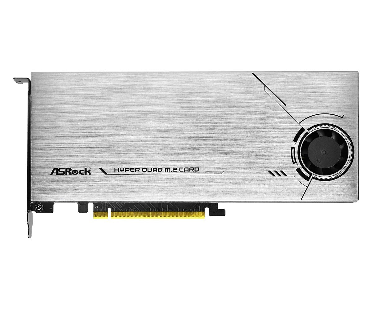 Eine silberne M.2-Erweiterungskarte mit Lüfter und ASRock-Logo.