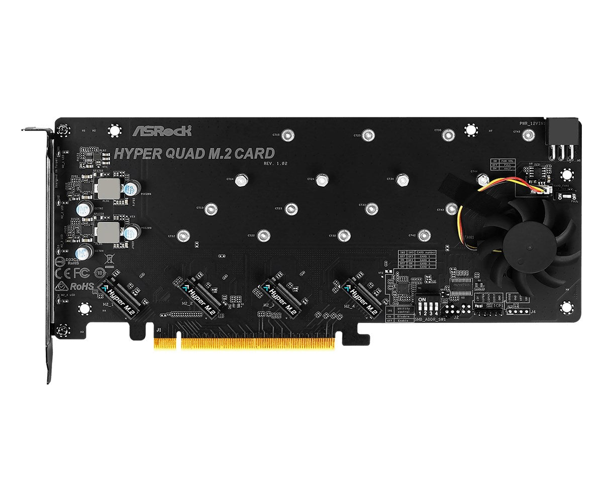ASRock Hyper Quad M.2 Karte mit Lüfter, vier M.2-Steckplätzen und Stromanschluss.