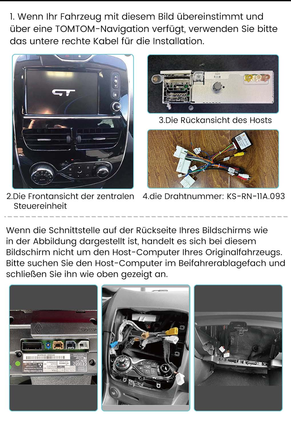 Ein Autoradio-Display, Rückseite eines Geräts, Kabelbaum und Einbauansichten.