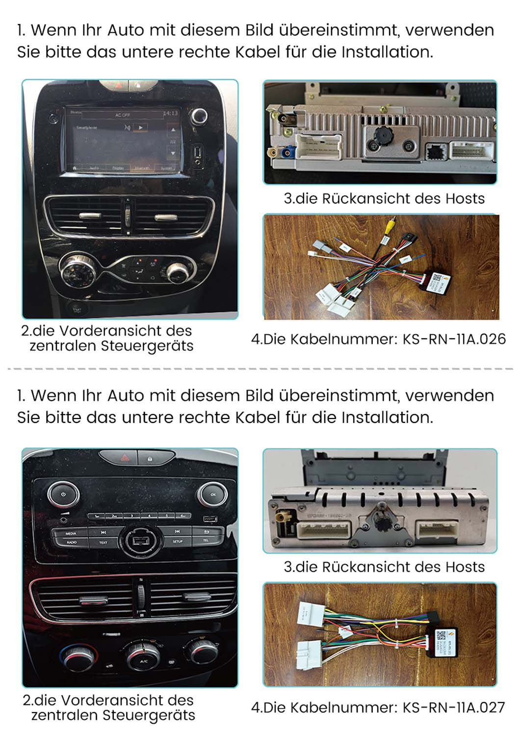 Vorder- und Rückansicht eines Autoradios mit Kabeln, Anleitungen.