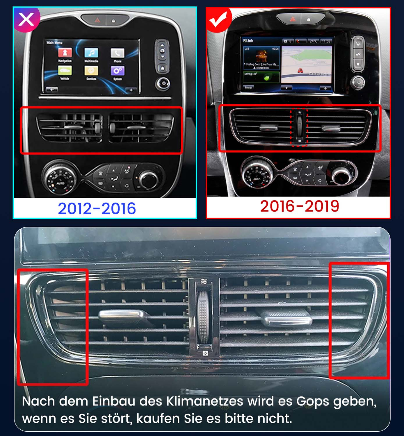 Vergleich von Auto-Armaturenbrettern für 2012-2016 und 2016-2019 Modelle.