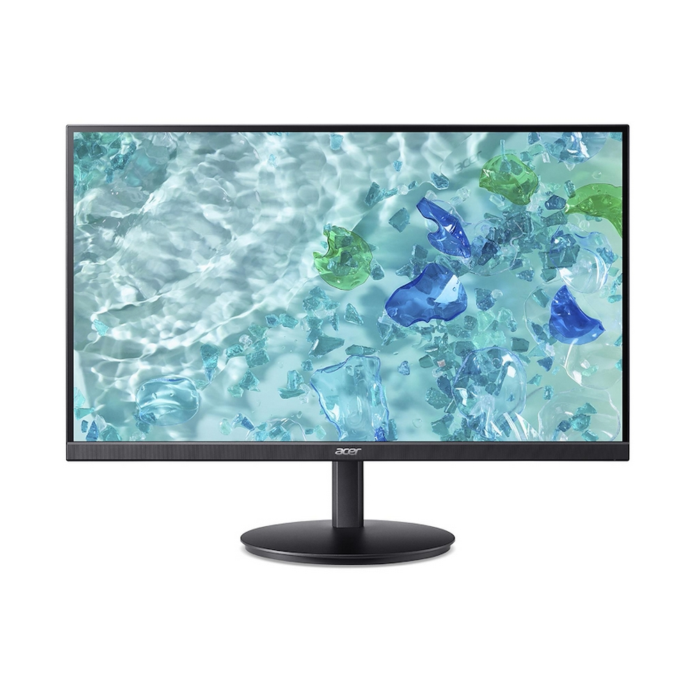 Un monitor Acer mostra un'immagine astratta di forme blu e verdi sott'acqua.