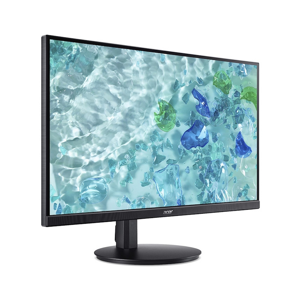 Un monitor Acer nero visualizza una vibrante immagine astratta di forme blu e verdi nell'acqua.
