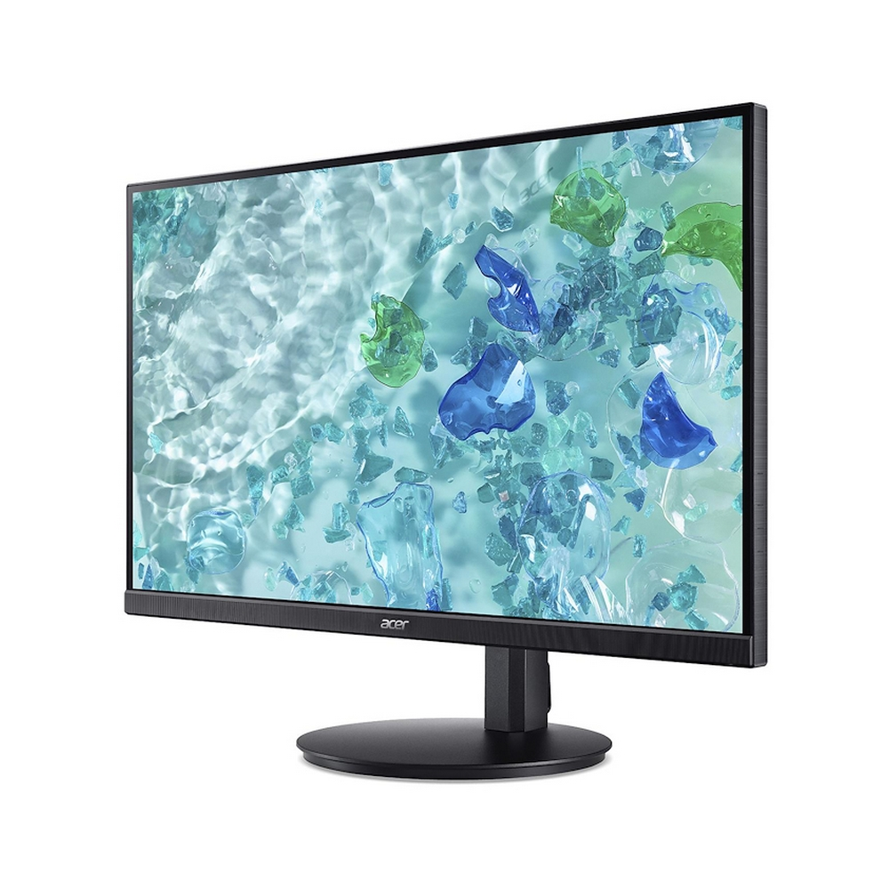 Monitor Acer nero con sfondo astratto vibrante di forme blu e verdi.