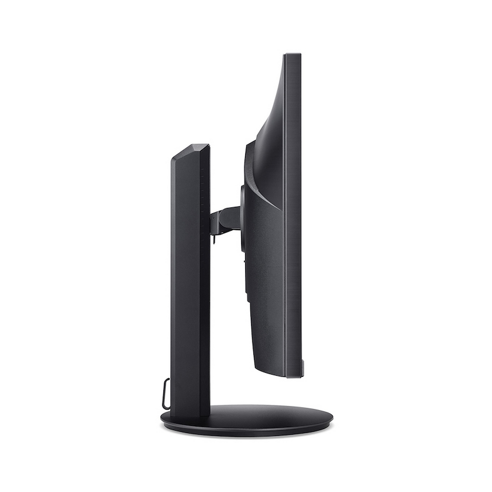 Monitor del computer nero di lato su sfondo bianco.