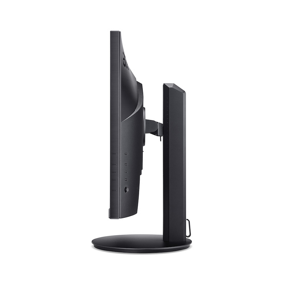 Vista laterale di un monitor nero con supporto su sfondo bianco.