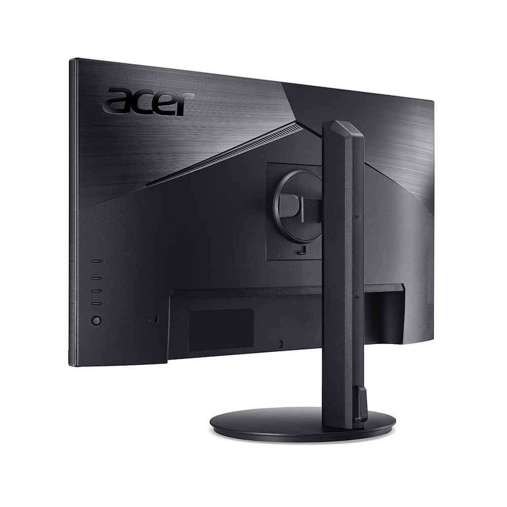 Vista posteriore di un monitor Acer nero su base rotonda, sfondo bianco.