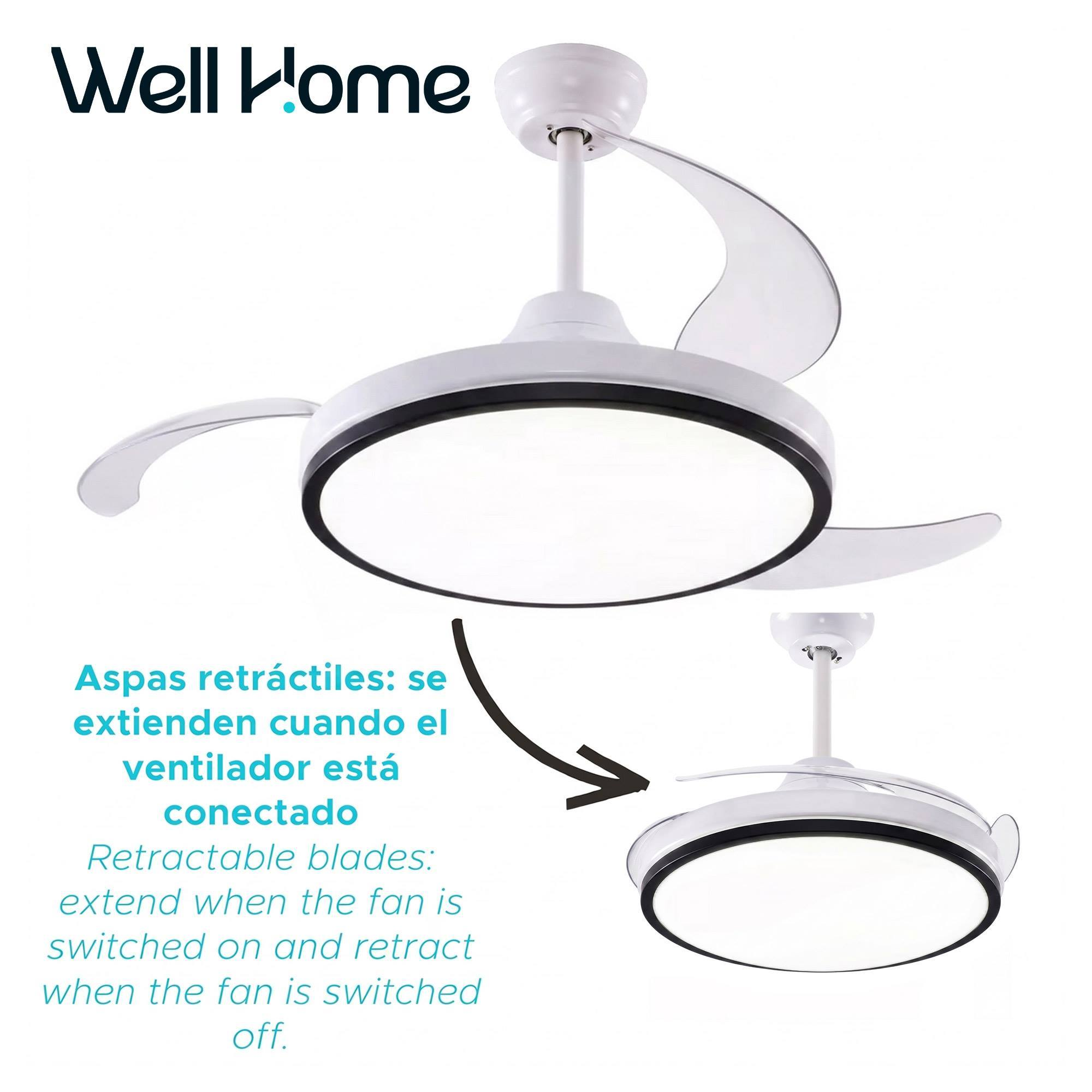 Un ventilador de techo retráctil blanco con luz, mostrando aspas extendidas y retraídas.