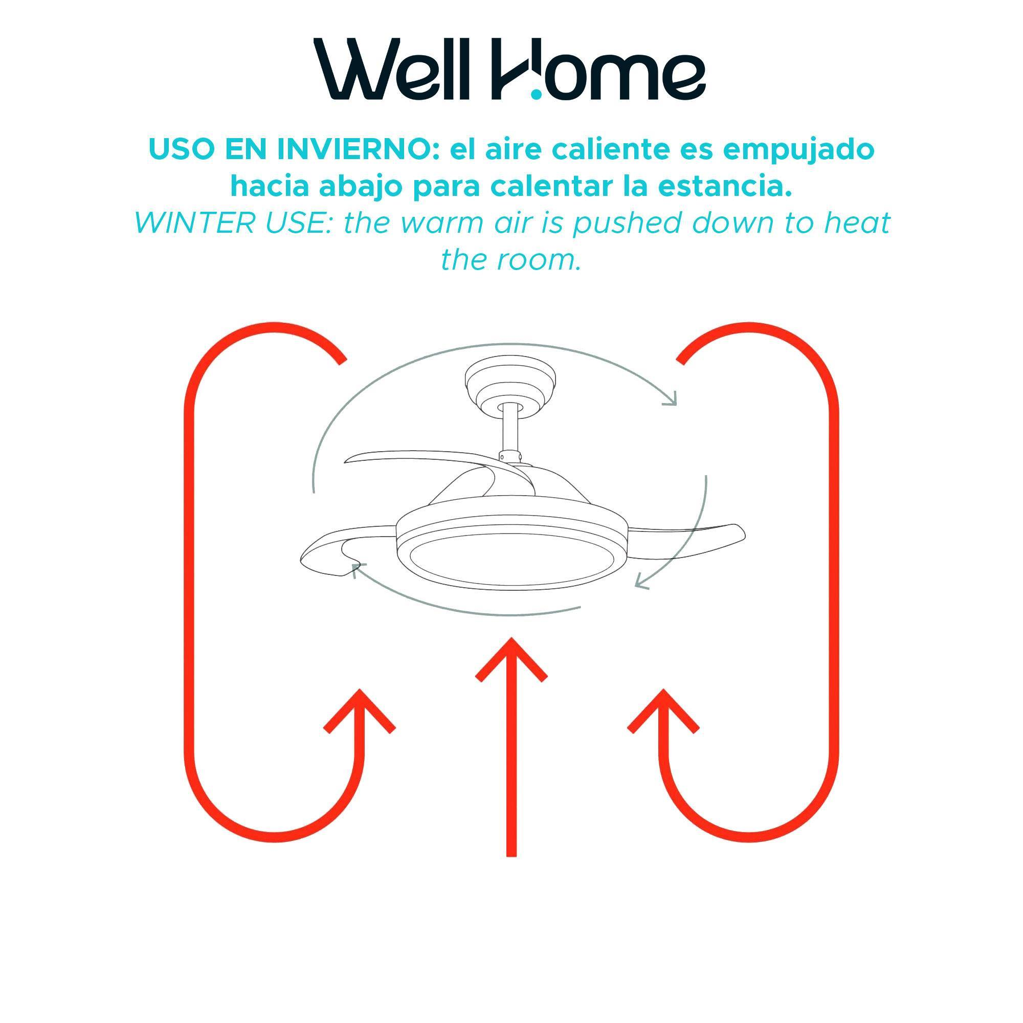 Ventilador de techo con flechas que indican flujo de aire hacia abajo.