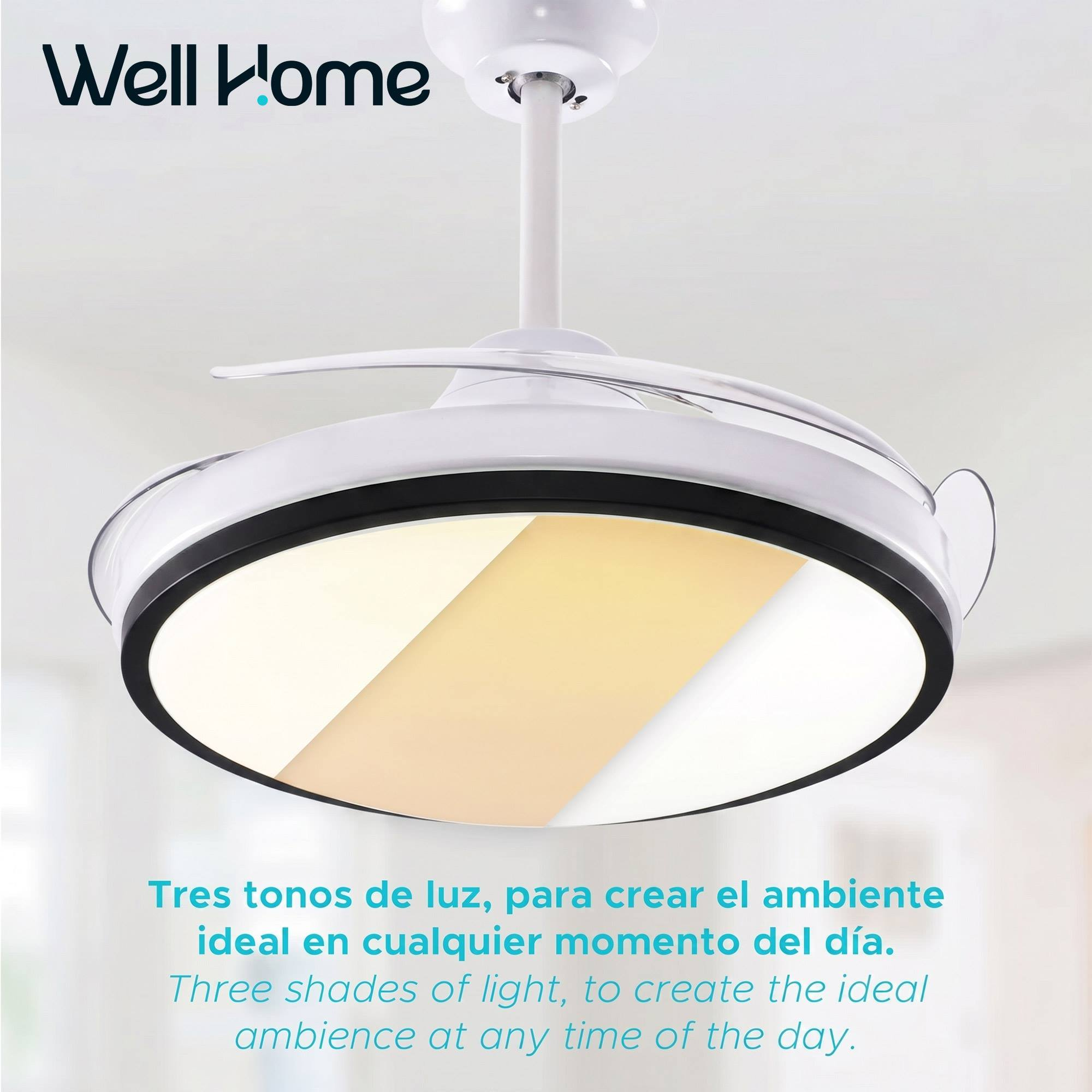 Una lámpara de techo blanca con tres tonos de luz y aspas retráctiles.