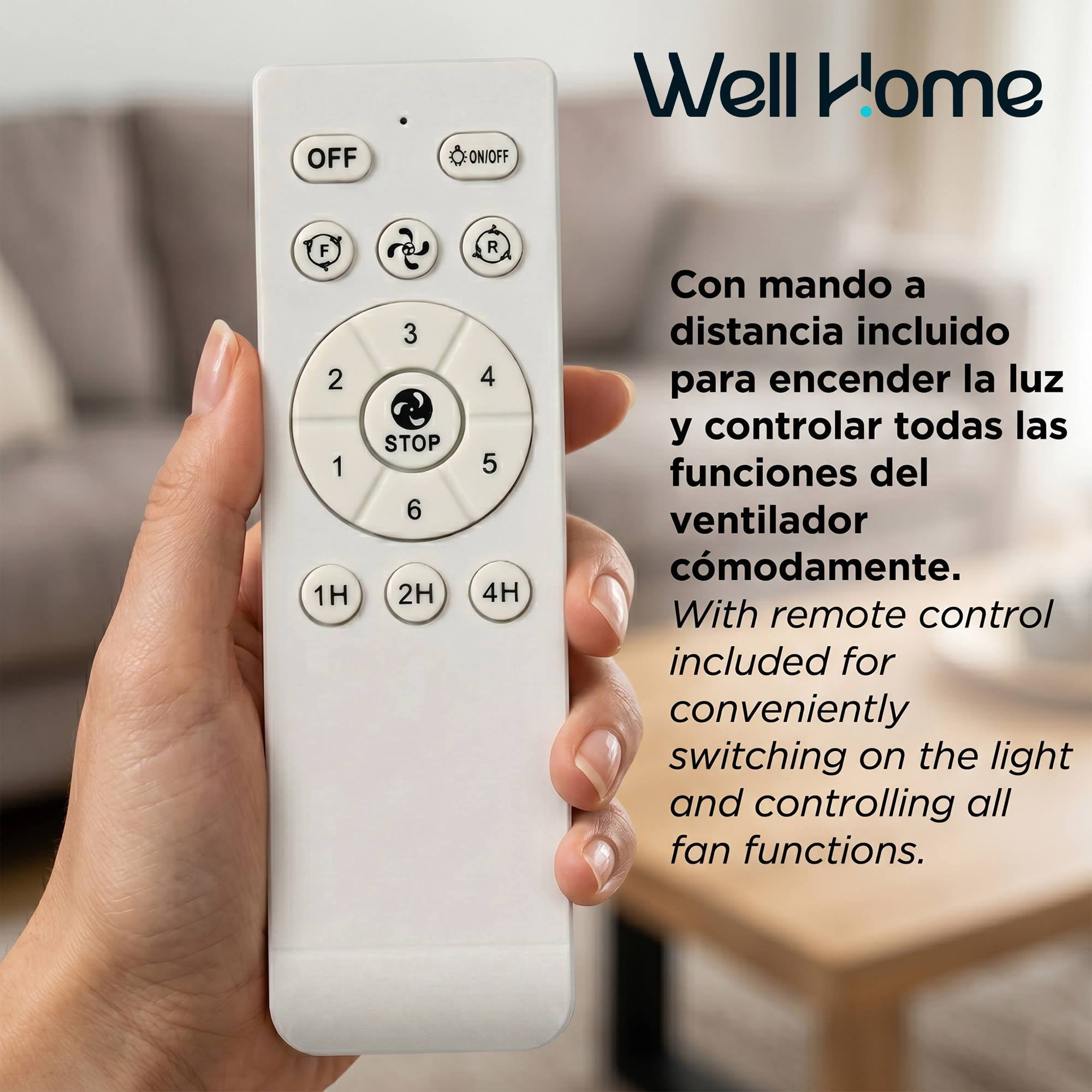 Un control remoto blanco para un ventilador, con botones numerados e iconos.