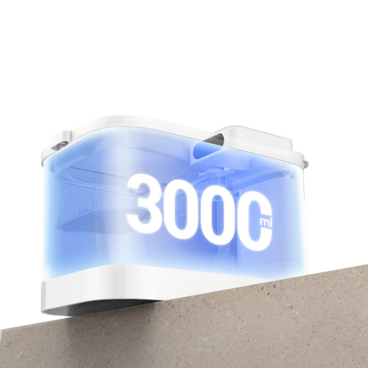 Serbatoio blu trasparente con dicitura 3000 ml su base grigia.
