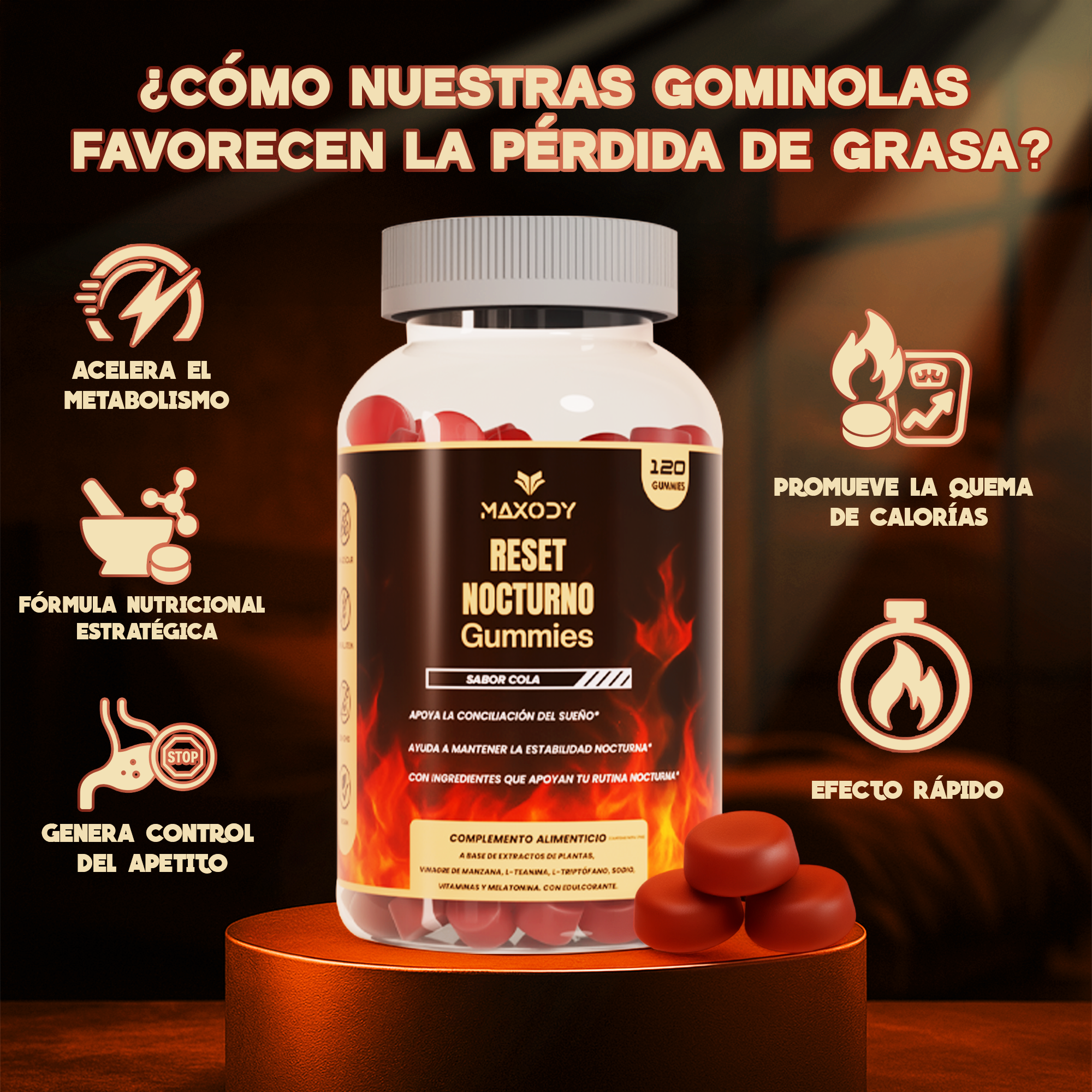 Botella de gomitas de cola que aceleran el metabolismo y queman calorías.