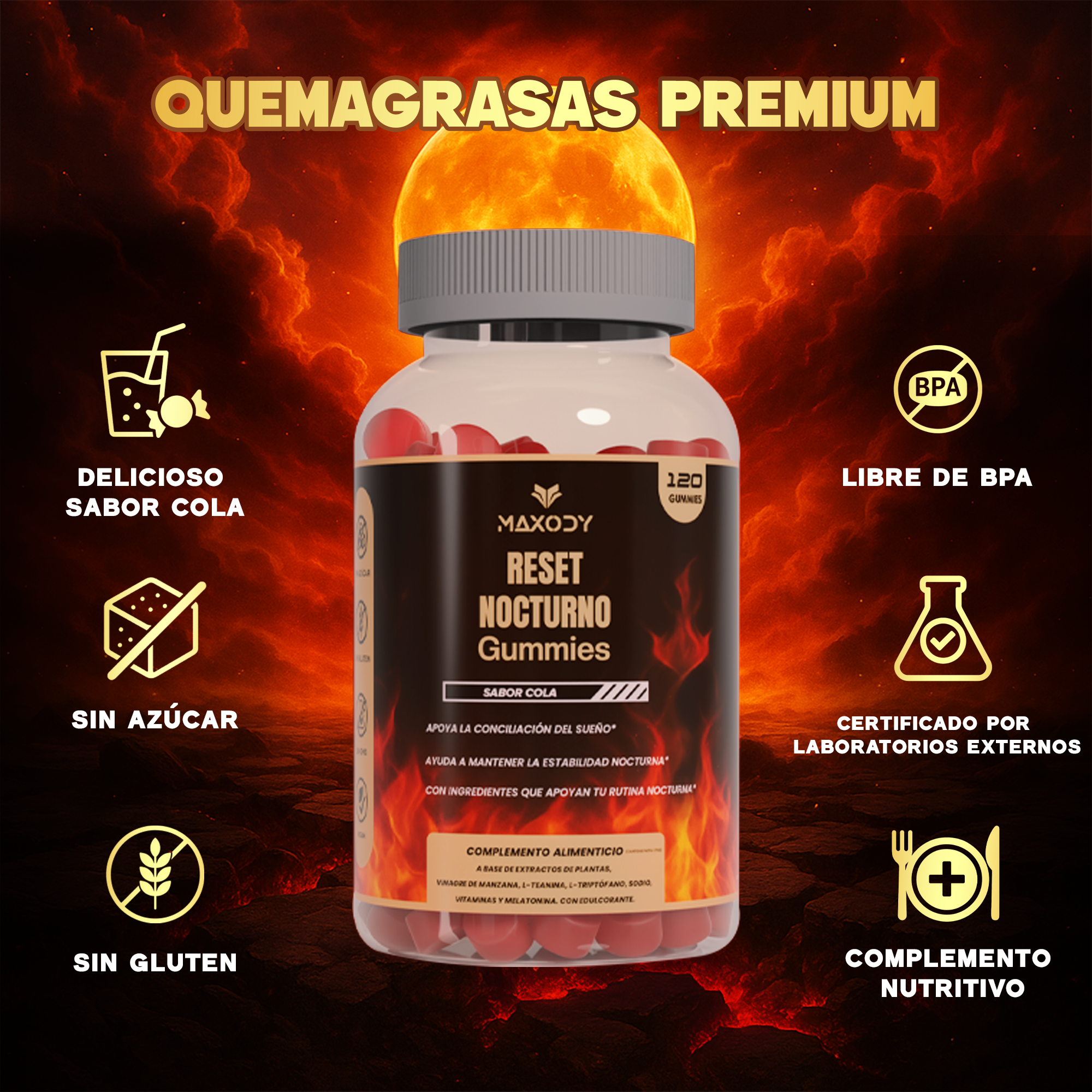 Botella de gomitas rojas sobre un fondo de humo y fuego.