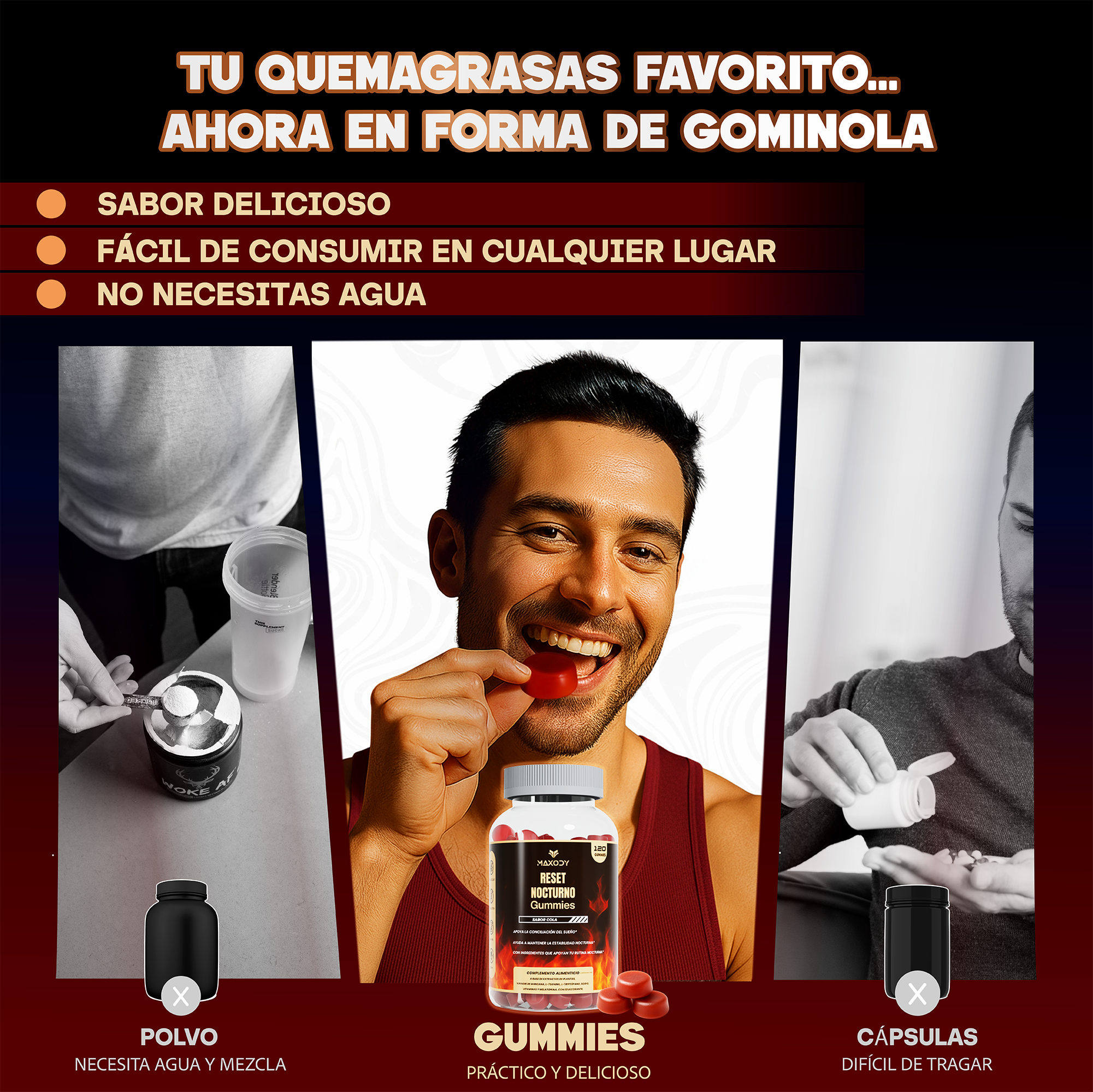 Hombre comiendo gomita roja, junto a botellas de polvo, gomitas y cápsulas.
