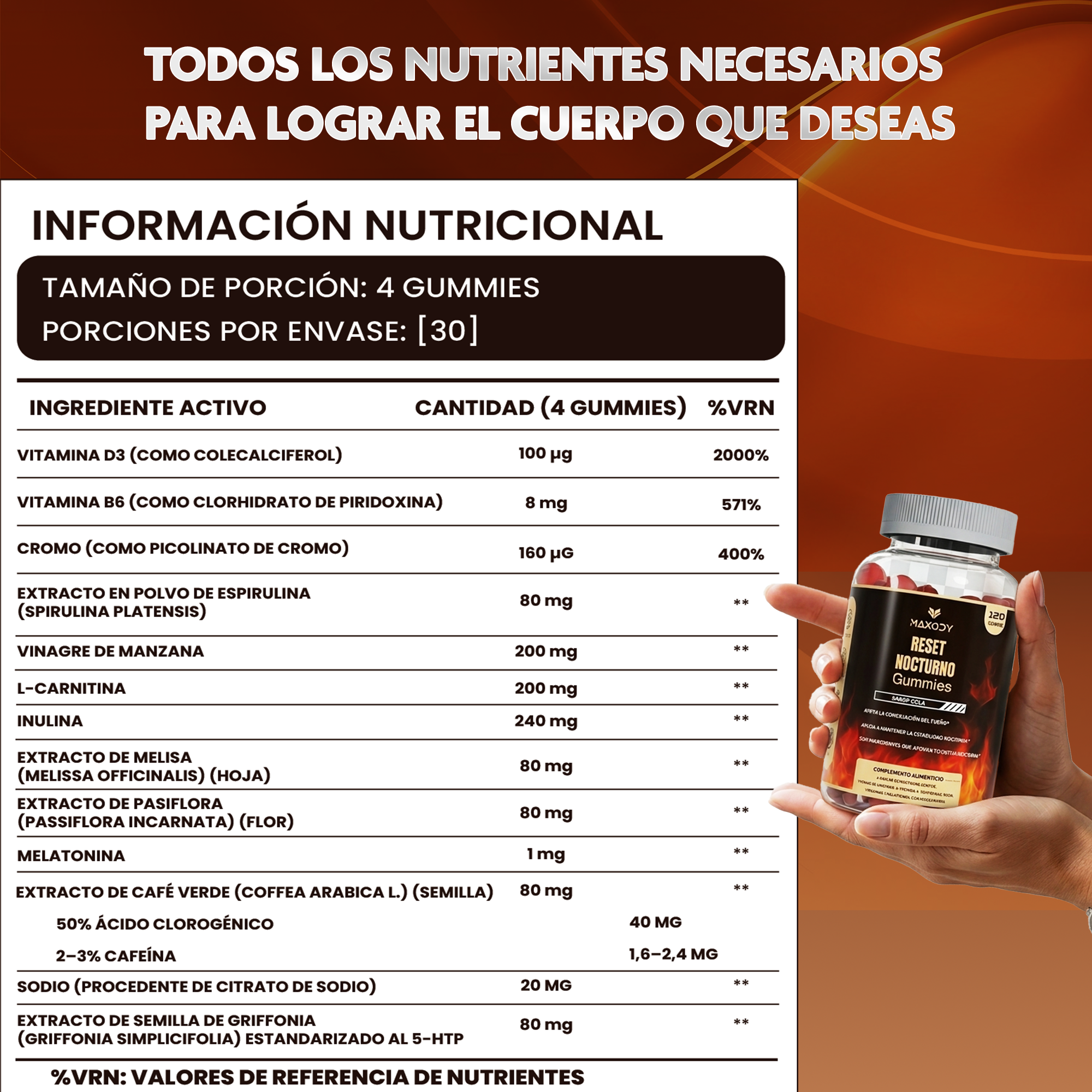 Una mano sostiene un frasco de "Reset Nocturno Gummies" con información nutricional.
